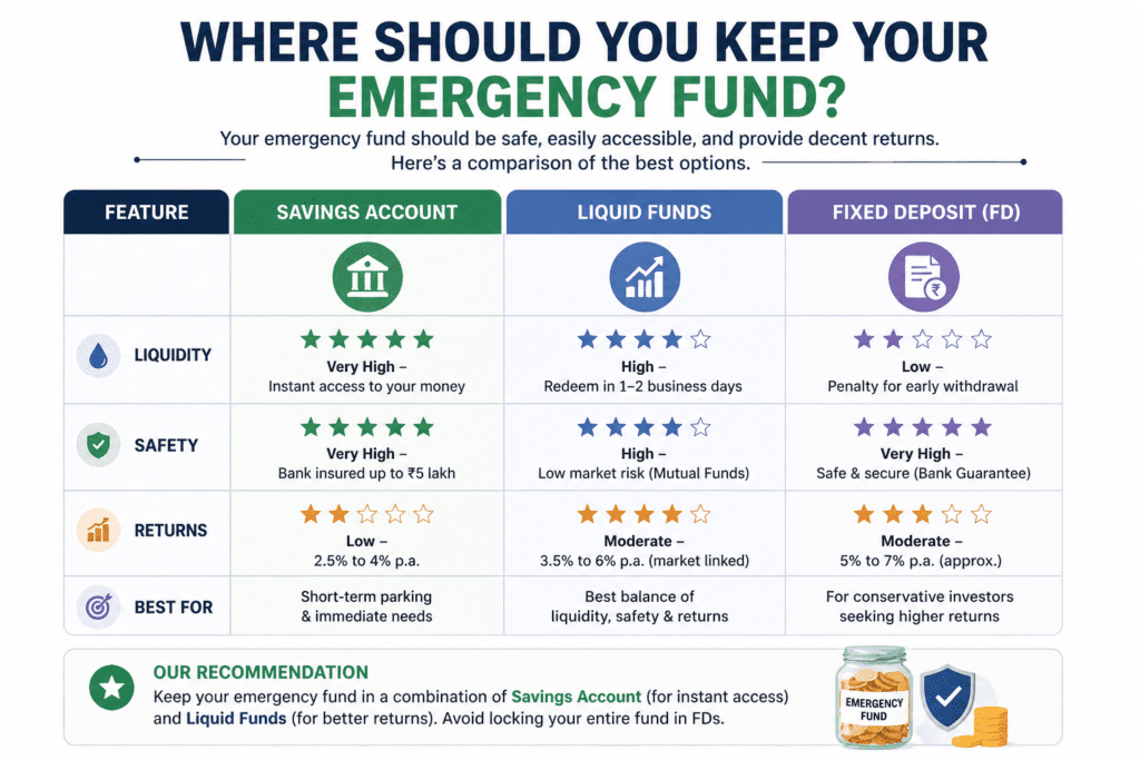 Comparison of savings account liquid funds and fixed deposit for emergency fund