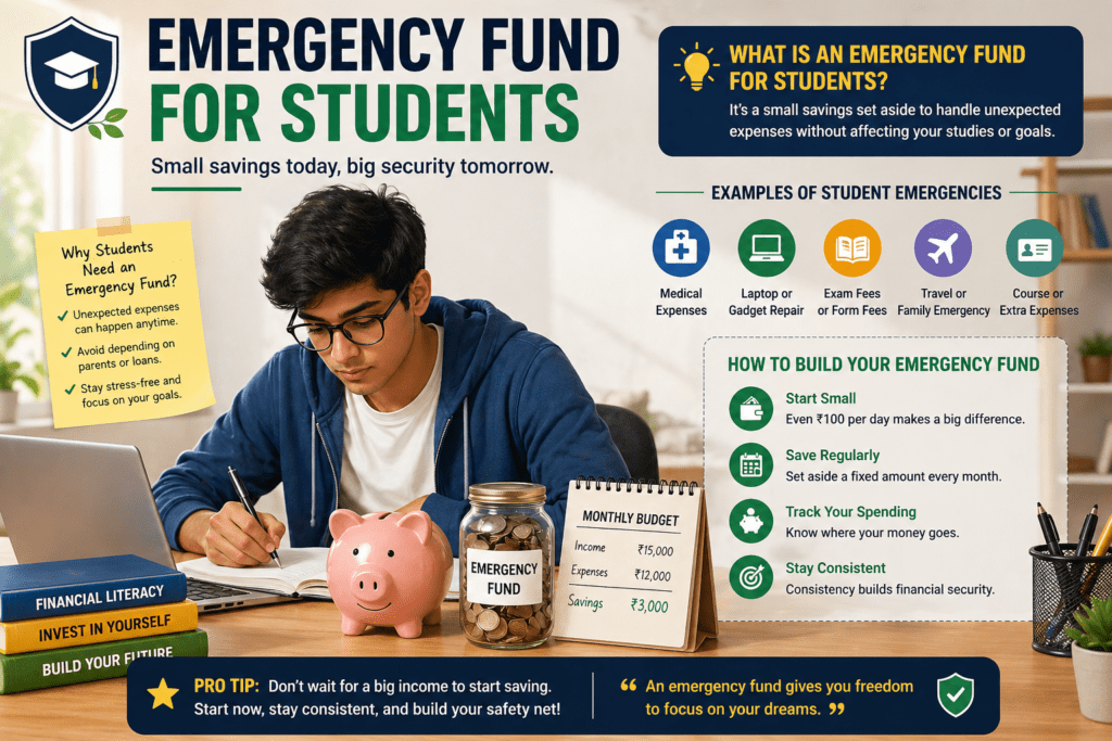 Emergency fund for students with savings jar piggy bank and monthly budget