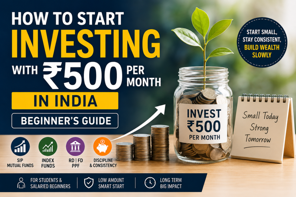 Beginner guide on how to start investing with ₹500 per month in India through SIP, RD, PPF and index funds