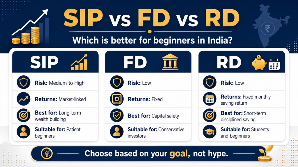 SIP vs FD vs RD comparison for beginner investors in India