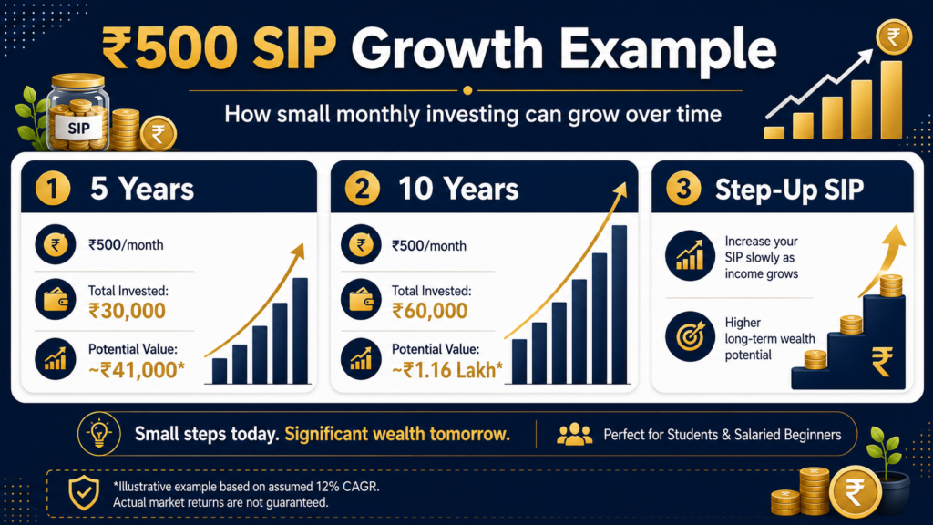 Example of how ₹500 monthly SIP can grow over 5 and 10 years in India