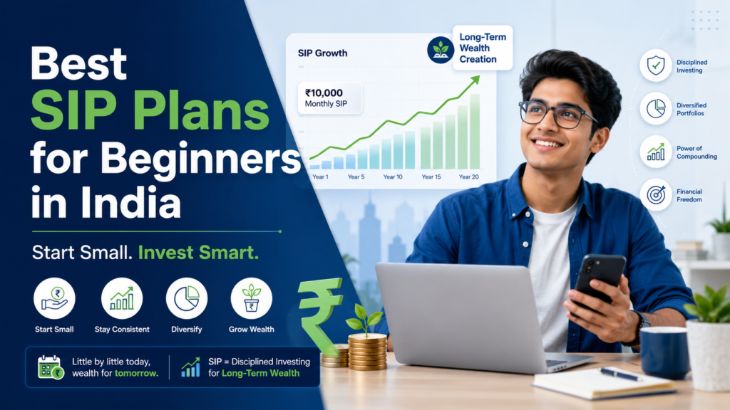 Young Indian investor learning SIP investment with growth chart, rupee symbol, and long-term wealth creation concept.