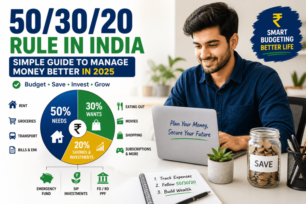 50/30/20 budgeting rule in India infographic showing a young man using a laptop, with a pie chart dividing income into 50% needs, 30% wants, and 20% savings and investments, along with Indian rupee symbols and financial planning elements. 50/30/20 Rule Explained for Indians