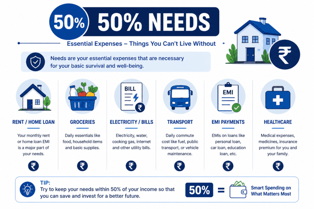essential expenses in India including rent groceries bills and EMI under 50 percent needs budgeting rule