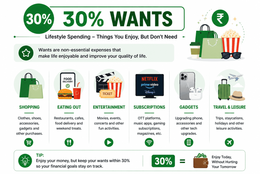lifestyle expenses in India including shopping food delivery entertainment under 30 percent wants budgeting rule