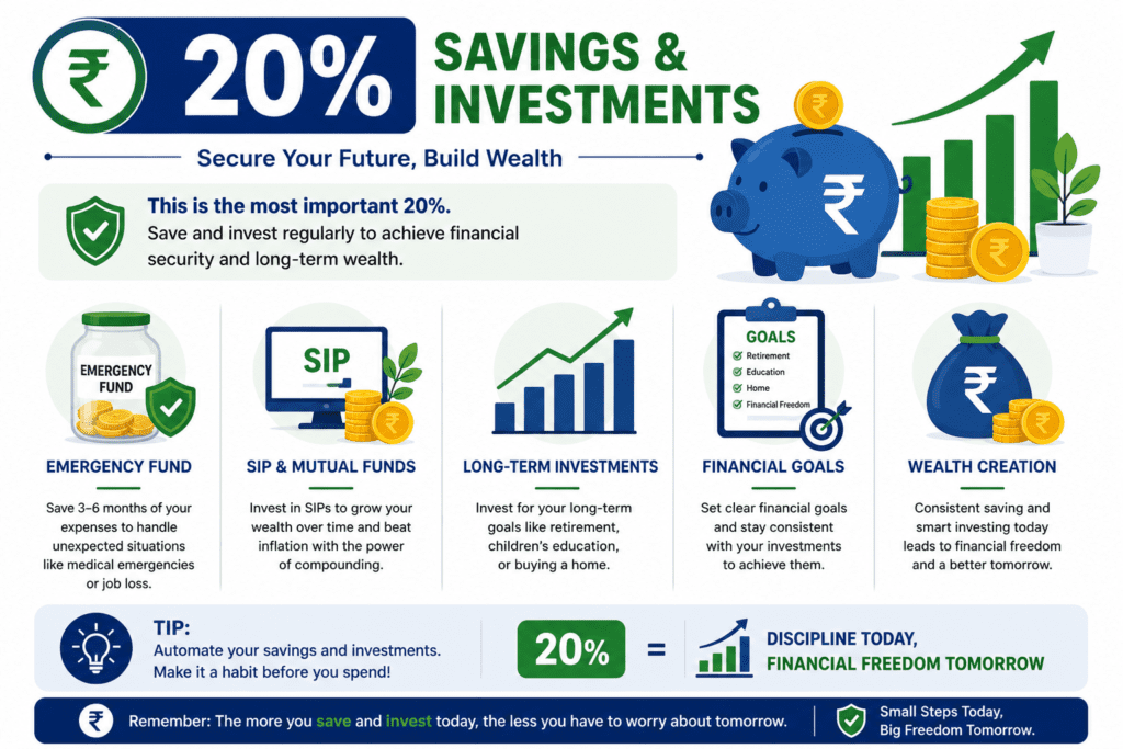 savings and investment in India showing SIP emergency fund and financial growth under 20 percent budgeting rule