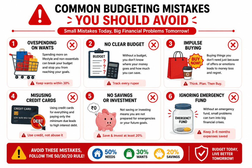 common budgeting mistakes in India including overspending no savings and impulse buying infographic
