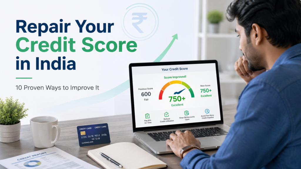 Person checking credit score improvement from 600 to 750 on laptop in India