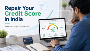 Person checking credit score improvement from 600 to 750 on laptop in India
