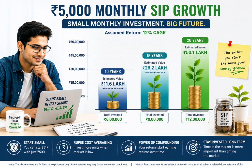 SIP growth example in India showing ₹5,000 monthly investment growing through compounding over 20 years.