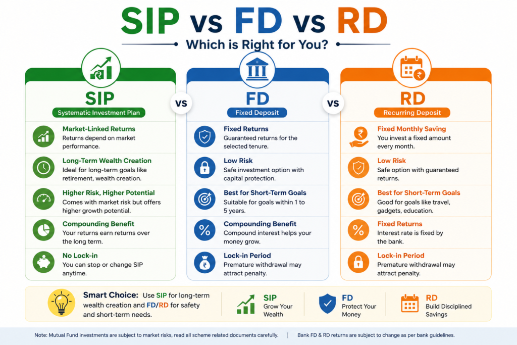 SIP vs FD vs RD comparison infographic for Indian beginner investors.
